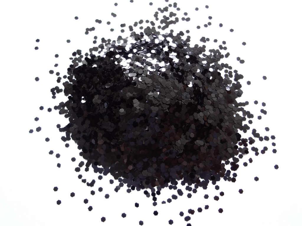 Charcoal Black Loose Fine Glitter, .025 Hex, 0.6mm, 1/40 Solvent